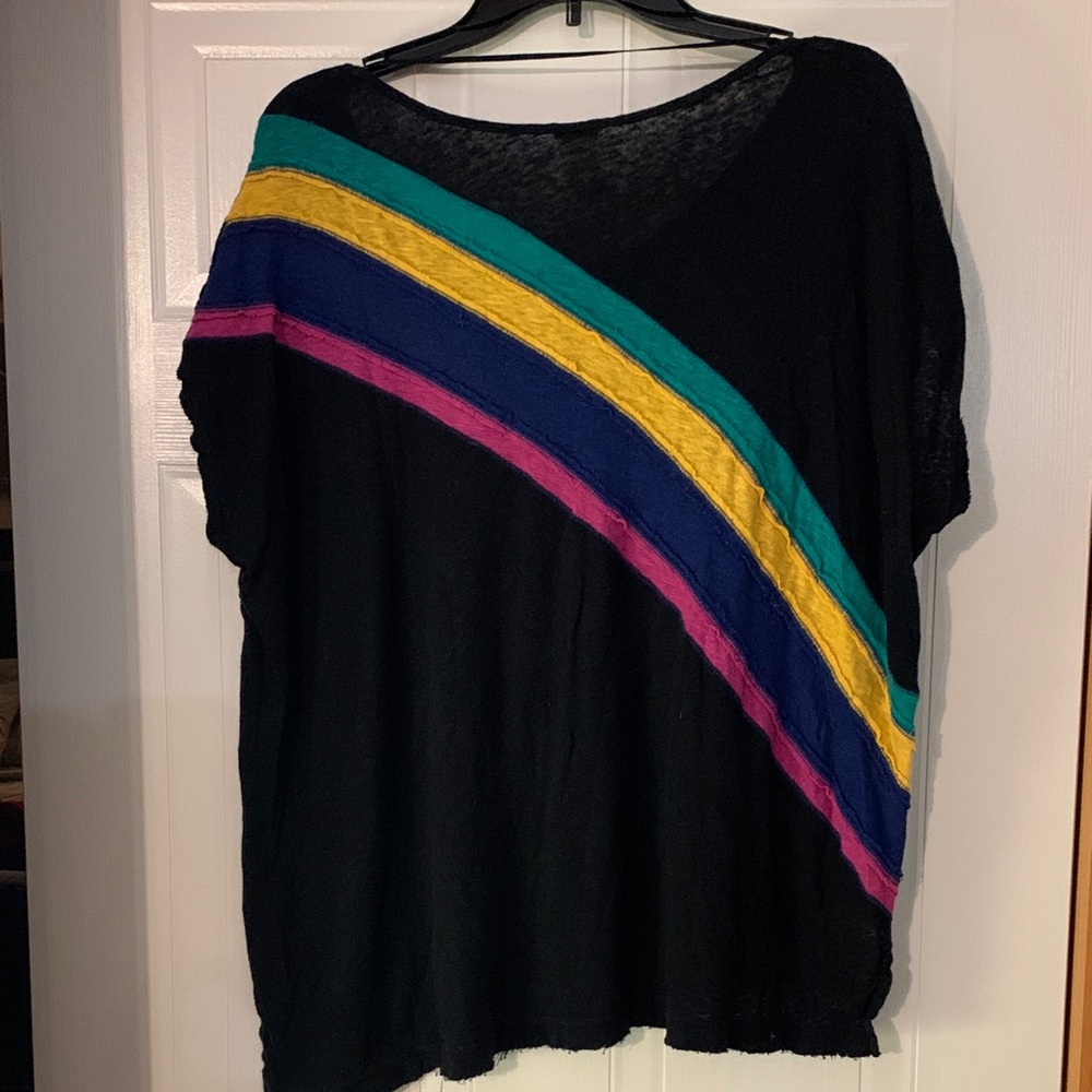 We The Free Black Rainbow Striped Burn Out Linen Blend Tee Sz M - Picture 6 of 8